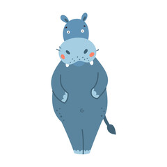 Hippo flat style vector. Wild herbivorous animal. African fauna species. Violet hippopotamus cartoon on white background. For nature concepts, children s books illustrating, printing materials