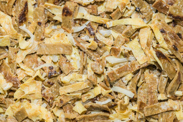 Salad of chopped liver and egg pancakes with onions marinated in apple cider vinegar and in mayonnaise. Food backgrounds.