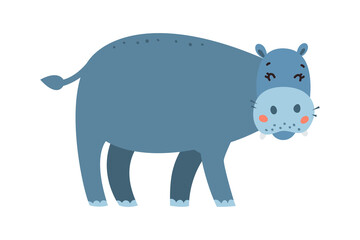 Hippo flat style vector. Wild herbivorous animal. African fauna species. Violet hippopotamus cartoon on white background. For nature concepts, children s books illustrating, printing materials