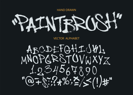 Brush-drawn font. Handwritten alphabet, numbers and signs. Vector illustration