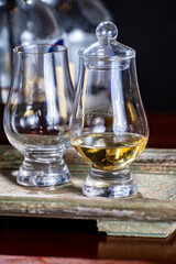 Glasses of scotch whisky served in bar in Edinburgh, Scotland, UK