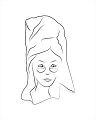 Contour silhouette of woman with eye patch. Beauty treatment. Skin care routine. Beautiful young woman face with white towel on her head. Fashion woman with bath towel. Sketch. Vector illustration Spa