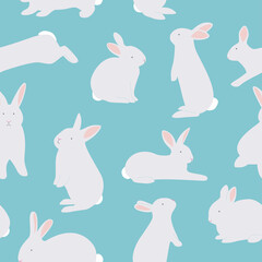 Easter seamless pattern with rabbits. Bunnies silhouettes vector illustration on a blue background. Animal ornament.