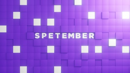 September Month lettering in abstract brick texture cubes in purple and white background. 3D illustration