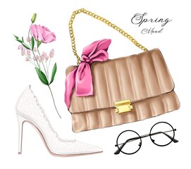Fashion flat lay set with bag, female shoe, eyeglasses and flower. Fashion illustration.