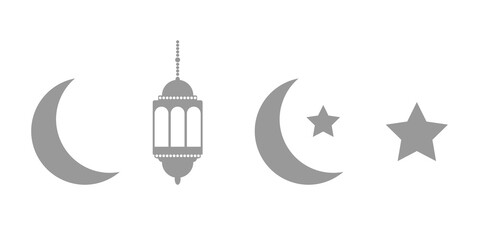 Gray lanterns, crescent and stars set on white background. Ramadan dark icons. Celebration design elements. Ramadan Kareem greeting card. Muslim islamic feast. Vector illustration