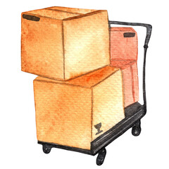 Watercolor hand drawn parcels on a cart.Watercolor hand drawn illustration isolated n white background.