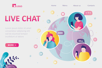 Live chat, landing page template. Young adults communicate in social media. Globe with avatars of humans.