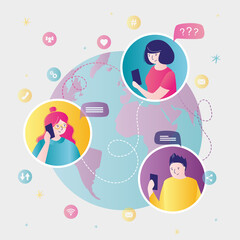 Young adults from different continents communicate in global network. Globe with avatars of humans. People share information over Internet.