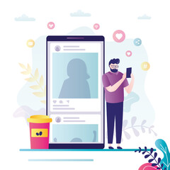 Male character scrolls tape on social networks. Different posts in social media on smartphone screen. Handsome man surfing Internet.