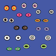 Cartoon eyes. Set of predatory eyes. The look of the monsters. Funny eyes. A collection of emotional look. Vector illustration.