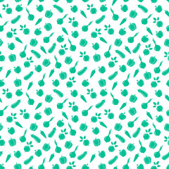 Seamless pattern of vegetables and fruits. Carrots and onions, beets, zucchini and an apple. Vector illustration