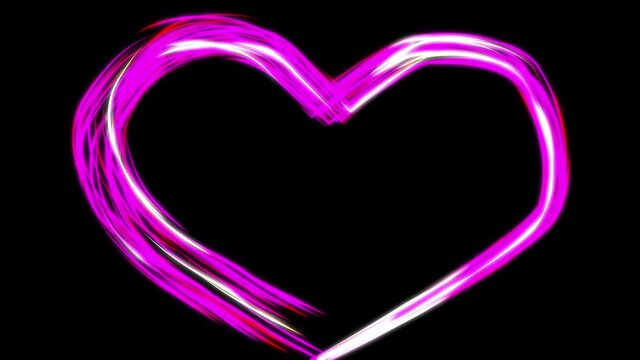 Glowing neon light streaks forming love heart shape as symbol of love and wedding, movement and animation of colored particles on black background