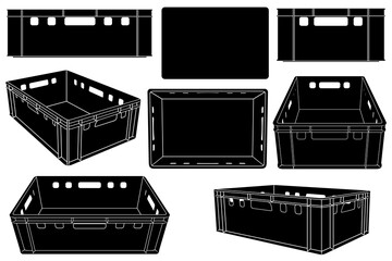 Set of plastic fruit and vegetables crates in different positions isolated on white