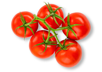 Tomato with green leaf. Fresh organic red tomatoes for salad. Farm Vegetable market or store. Full depth of field. Tomatoes Macro photo Isolated on white or transparent background.