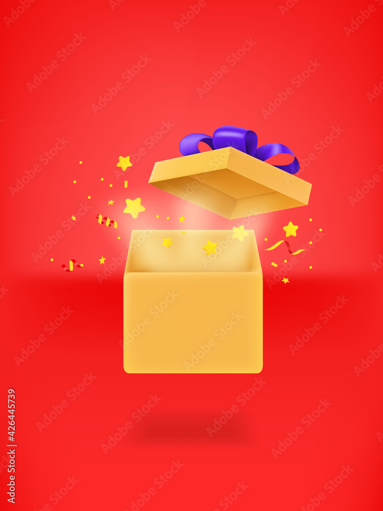 Poster opened gift box with confetti on red background