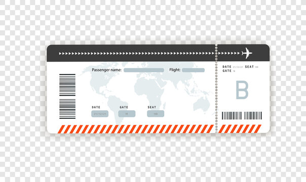 Flight paper boarding pass vector mockup isolated on transparent background