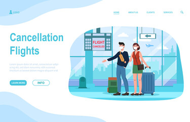 Couple standing in airport with flight cancellation sign on board