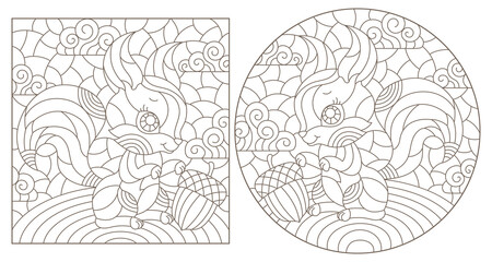 Set of contour illustrations in the style of stained glass with cute cartoon squirrels, dark outlines on a white background