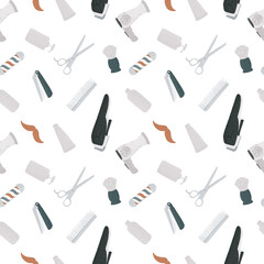 Seamless pattern hairdressing in doodle on white background.
