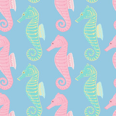 Hand drawn underwater animal seamless pattern with turquoise and pink colored seahorse print. Blue background.