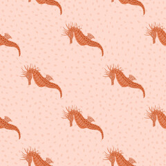 Exotic seahorse seamless doodle pattern in pink tones. Dotted background. Underwater animal backdrop. © smth.design