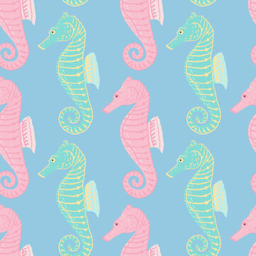 Hand drawn underwater animal seamless pattern with turquoise and pink colored seahorse print. Blue background. © smth.design
