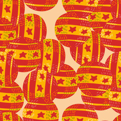 Abstract seamless pattern with bright red and yellow colored ornamental circus balls. Random print.