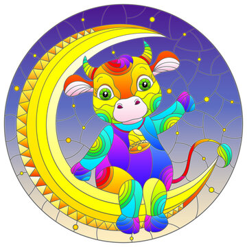 Stained glass illustration with a cartoon rainbow cute cow on a night sky background , round image