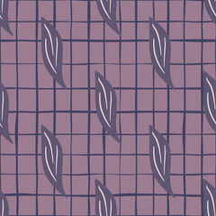 Dark purple seamless doodle pattern with simple leaves ornament. Purple chequered background.