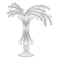 Small flowers in figured vase hand drawn. Floral vase. Blooming spring flowers. Illustration vase with flower to decoration interior coloring page. Vector illustration on white background.