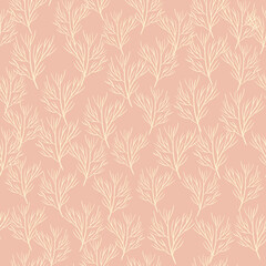 Pastel tones abstract seamless pattern with doodle tree branches silhouettes. Pink background. Simple style.