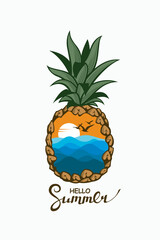 emblem of pineapple tropical fruit with sea wave, sun and seagulls