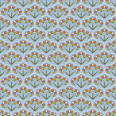 Seamless pattern of colored curly elements. Abstract flowers of rounded shape, gray background.