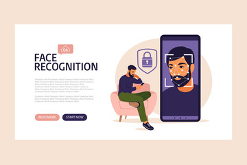 Facial recognition system landing page. Face ID. Mobile app for face recognition. Facial biometric identification system scanning on smartphone. Vector illustration