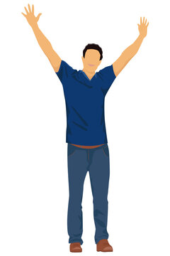 Vector illustration of a man who triumphantly raised his hands up. The portrait of happy handsome man is made in a flat style