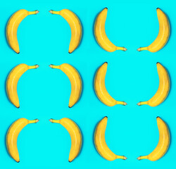 Top view, of rows of yellow bananas on the blue background.