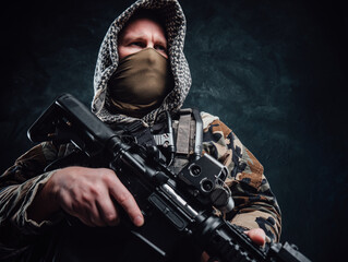 Serious army soldier wearing hood and camouflage clothes holding rifle