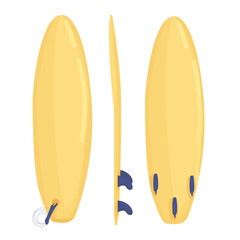yellow surfboard front, back and side view. surfing as a hobby. active lifestyle, sports. summer fun. vector flat isolated on white background.