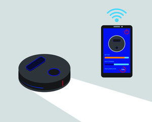 Fototapeta premium A vector of smart robotic vacuum cleaner with smartphone as remote showing the infographic. Smart robotic vacuum cleaner is high demand and user friendly.