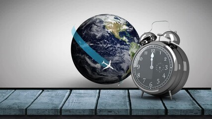 Animation of vintage alarm clock over airplane flying around globe - Powered by Adobe