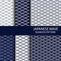 Japanese wave seamless pattern collection in navy blue colour. Abstract background.  Vector Seigaiha illustration.