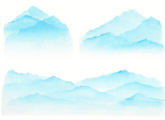 set of abstract sky-blue watercolor waves mountains on white background