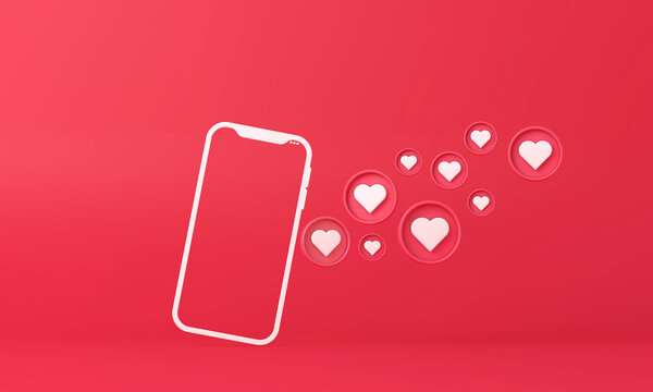 Social media love notification icons flowing from a smartphone. 3D Rendering