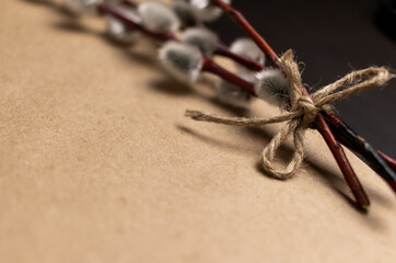 Rope tied willow twigs with selective focus on brown paper backdrop with copy space.
