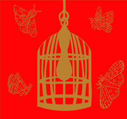 Silhouette of moths flying around birdcage shaped lampshade.