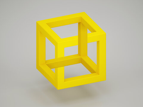 Popular optical illusion with paradoxical yellow cube over light gray background. 3d