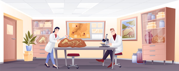Paleontologists doing research with fossils in lab. People studying extinct dinosaur bones in laboratory vector illustration. Man with microscope, ancient history museum interior © backup_studio