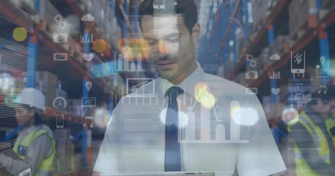 Animation of data processing over warehouse worker using tablet in shipping centre