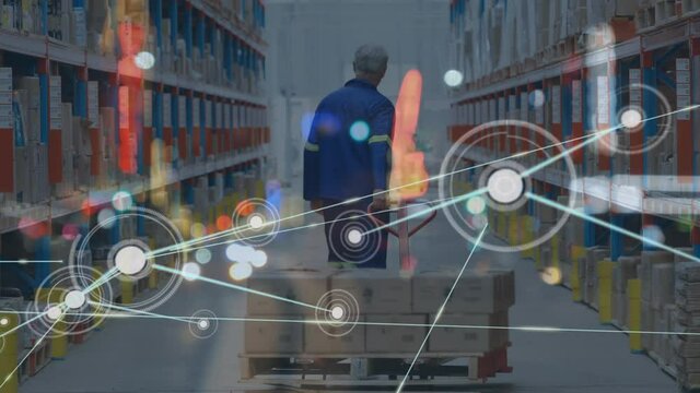 Animation of network of connections and road traffic over warehouse worker in shipping centre